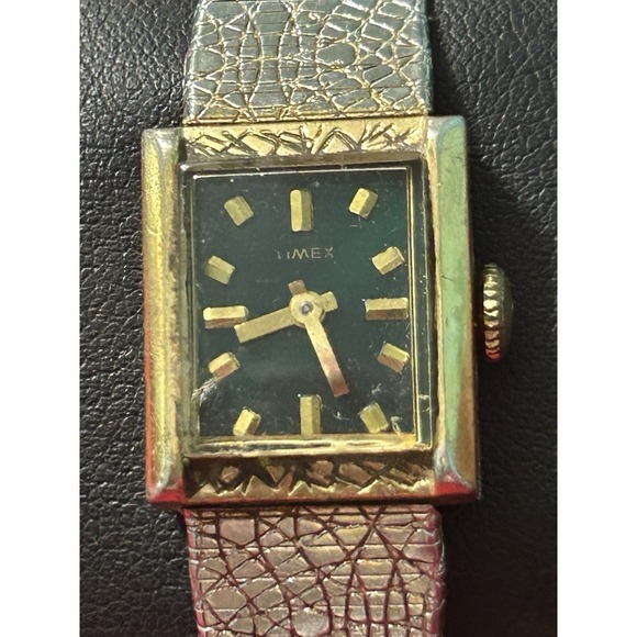 Vintage Timex Gold Tank Watch With Dark Green Dial Wind‎ Up Womens Watch main image 4
